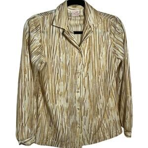 VTG 70s Graff Californiawear Faux Bois Wood Grain Blouse Dagger Collar S/M Disco